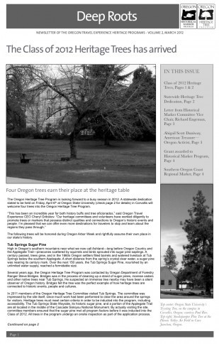 Image of the Oregon Travel Experience Heritage Newsletter "Deep Roots"