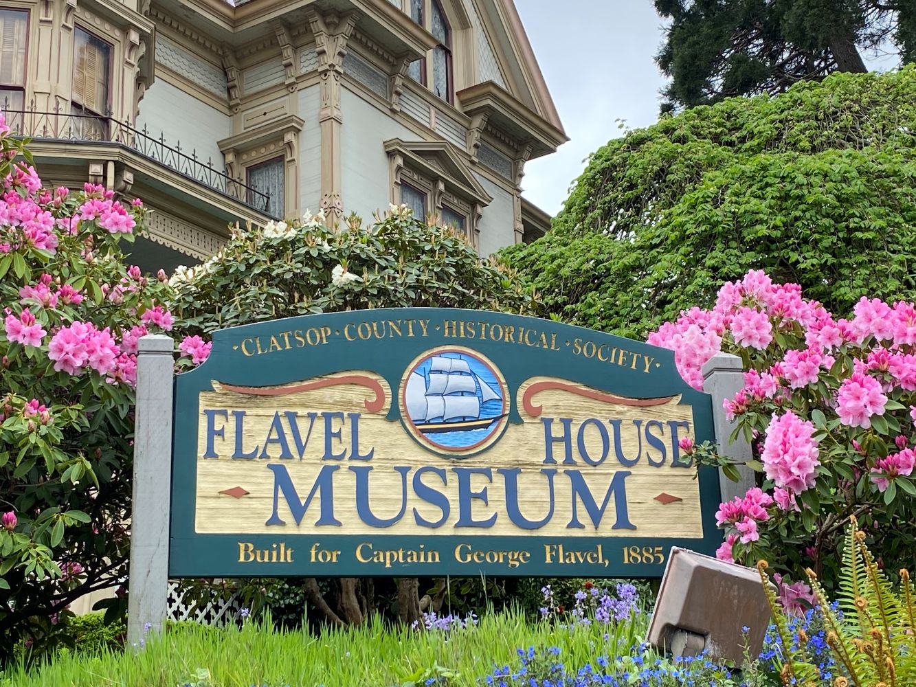 View of Flavel House Museum sign looking up hill with house in background and surrounded by flowering shrubs.