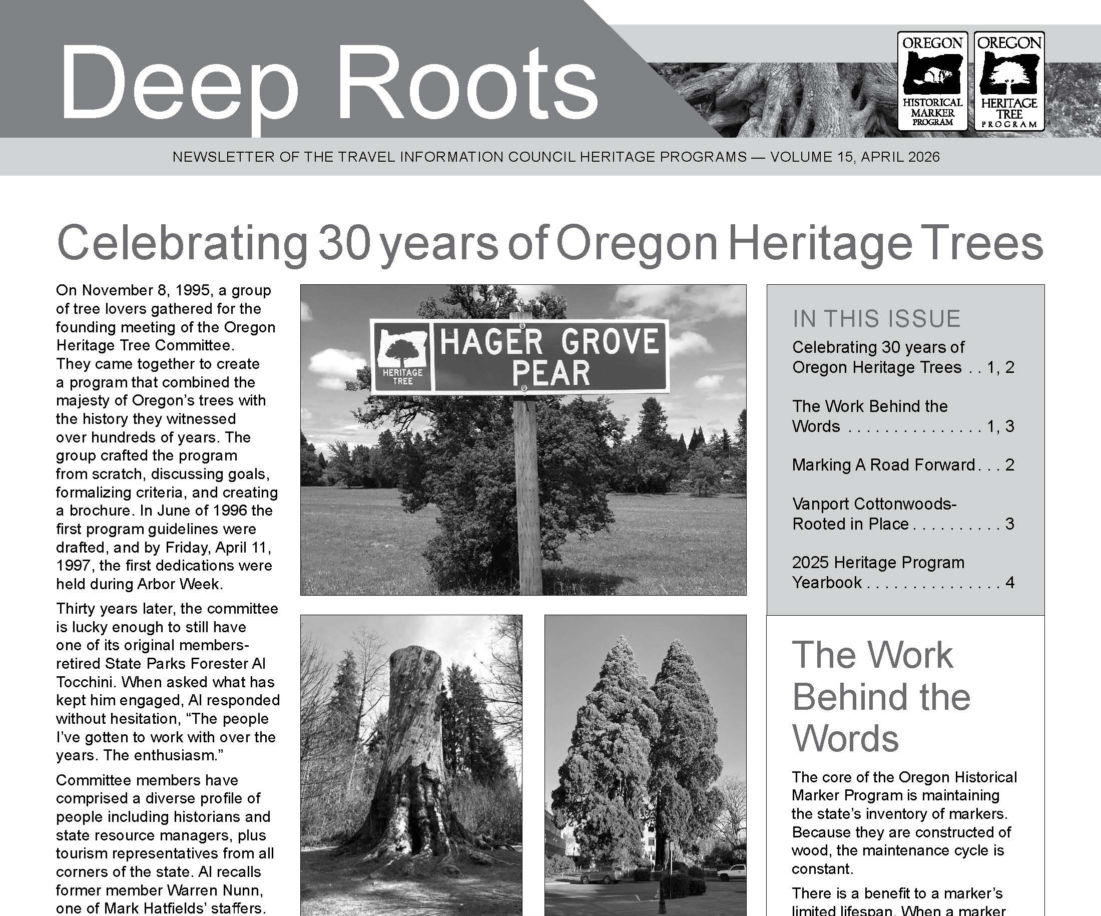 Black and white photo of newsletter with three original heritage tree images in center.