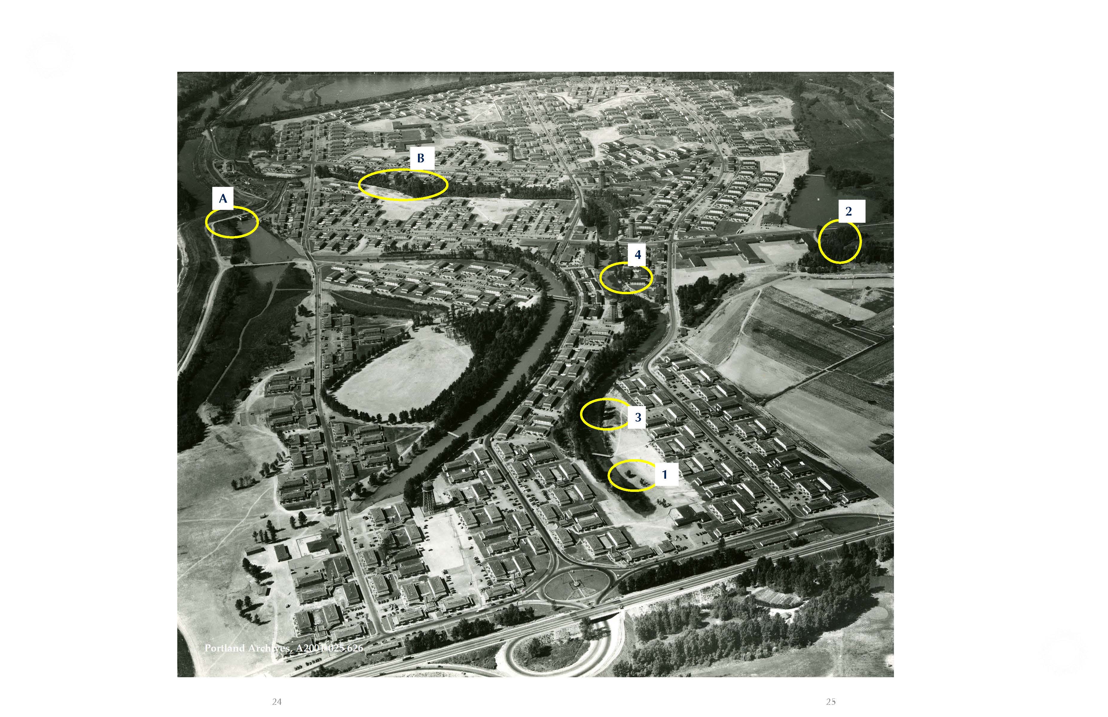 Black and white aerial image of Vanport in 1945 with housing developments. Six stands of trees circled in yellow. 