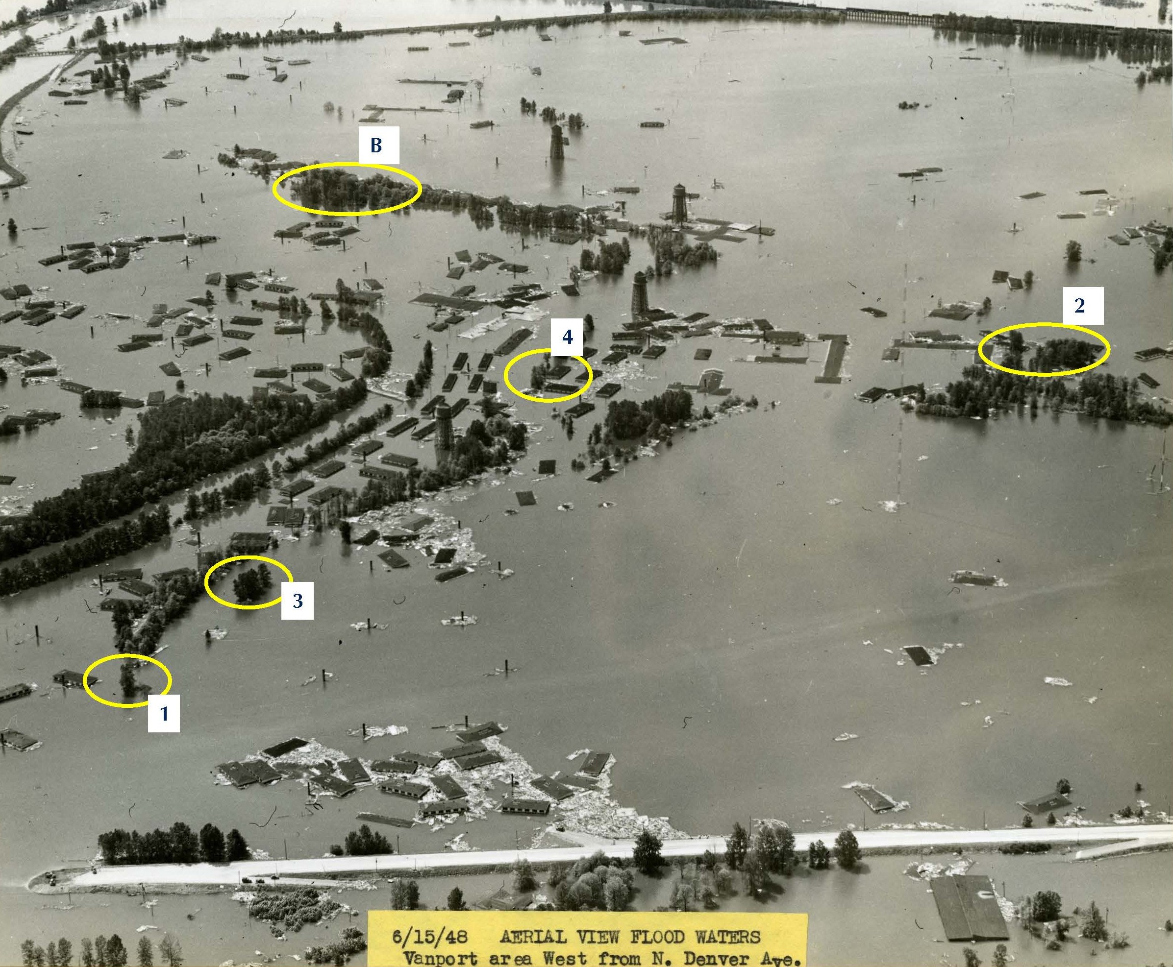 Black and white aerial photo of Vanport in 1948 with flood waters displayed. Some buildings evident among water. Six yellow circles denote tree stands. 